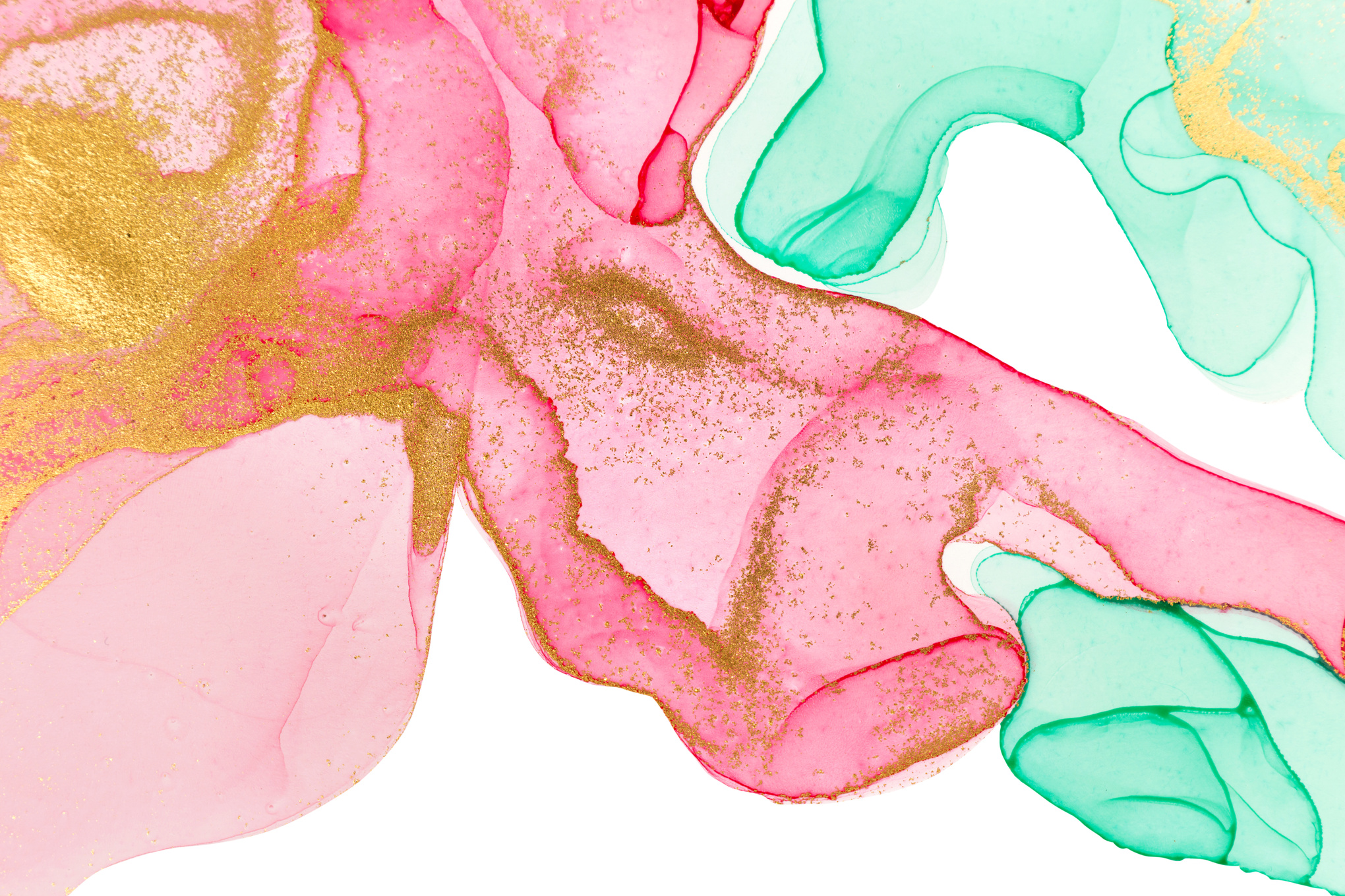 Alcohol Ink Pink, Green and Gold Abstract Stains.